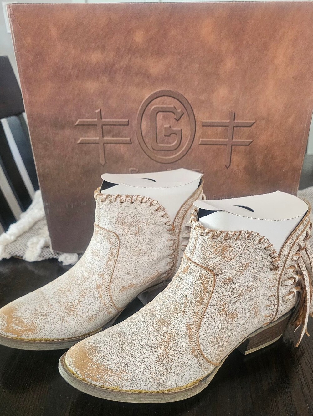 Circle G Cream Distressed Western Ankle Booties with Fringe